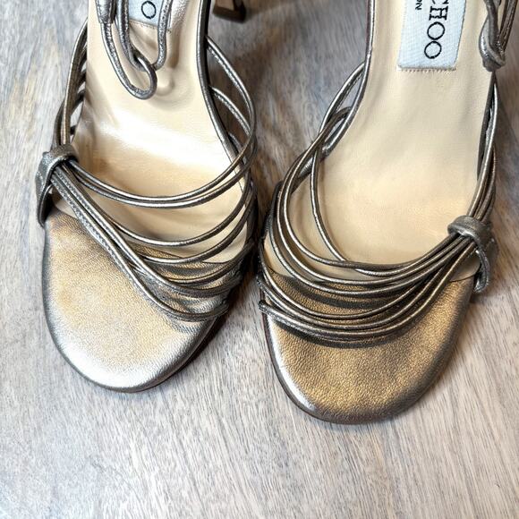 Jimmy Choo Metallic Pewter Strappy Heels EU 37 Italy Leather Sandals Sexy US 7 - Picture 5 of 10